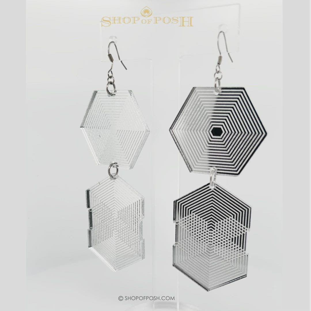 Silver Duet Acrylic Geometric long hanging earrings 